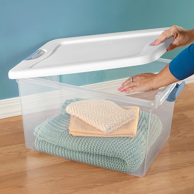 Sterilite Latching Box with Lids for Home and Office, 64 Quart, 12-Pack | Heavy-Duty and Stackable Plastic Containers with Latches for Closet, Cabinet, Bedroom, Bathroom and Dorm Room Organization