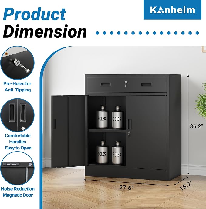 Metal Storage Cabinet, 36" Locking Cabinet with Adjustable Shelves for Garage, Office (Black, 1 Drawer)