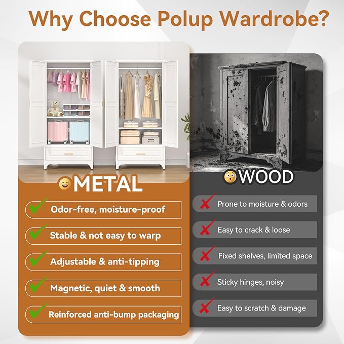 Polup 71" White Metal Wardrobe Closet with Doors and 1 Drawer | Tall Steel Armoire, Hanging Rod, Adjustable Shelves, Sturdy Freestanding Clothes Organizer for Bedroom, Laundry & Office