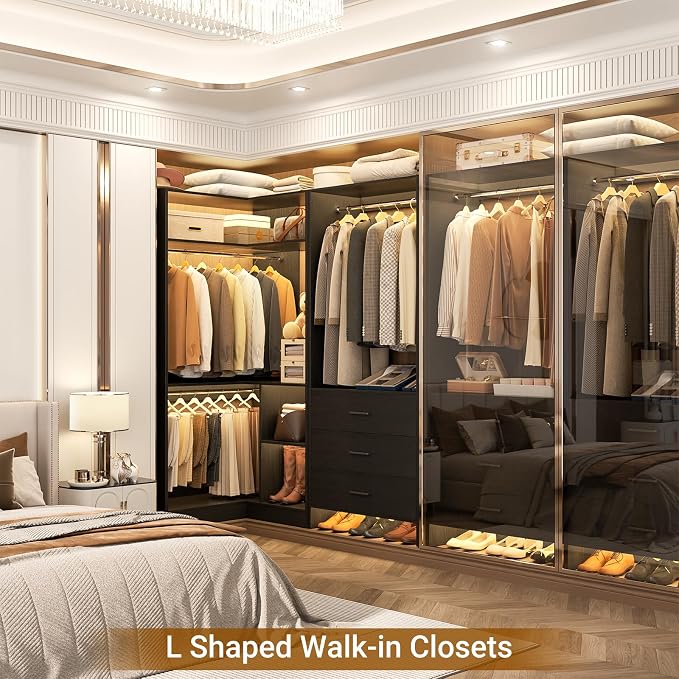 Aheaplus Closet System with 3 Drawers, 2 Hanging Rods & Corner Tower, Corner Closet System with Hanging, L-Shaped Walk-In Wardrobe Organizer, 1300+ lbs Capacity, Set of 2, Black