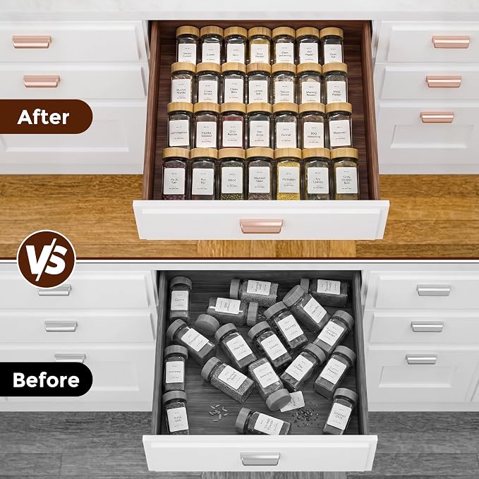 Acrylic Spice Drawer Organizer with 28 Spice Jars and 216 Labels,Non-slip Rubber, 4 Tier Spice Racks Tray Seasoning Containers for Kitchen Drawers,Cabinets,Countertops,13" Wide * 18" Deep