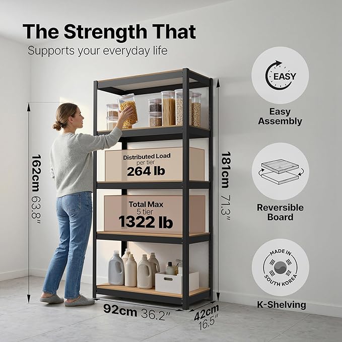 House Black 36.2" W 5 Tier Storage Shelves Garage Shelving Unit | Adjustable boltless metal shelving for pantry, closet, kitchen, basement, garage and warehouse