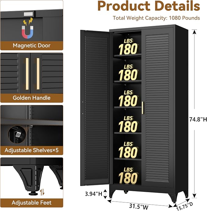 Polup 75" Pantry Cabinet, Tall Metal Storage Cabinet with Doors and Shelves | Black Kitchen Cabinet, 5 Adjustable Shelving, Heavy-Duty Steel, Louvered Doors, Gold Handles, for Garage Office & Laundry