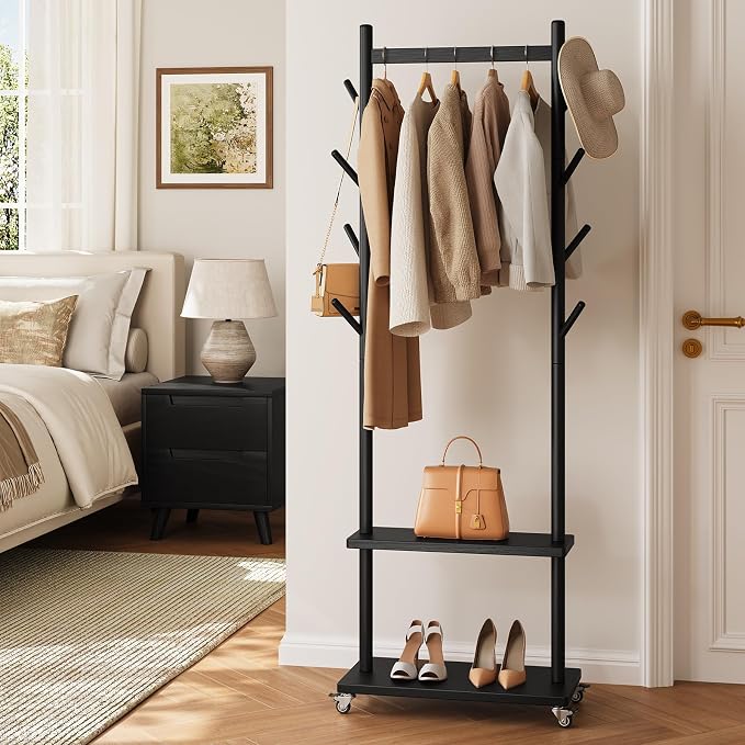 Yoobure Solid Wood Coat Rack Freestanding - Rolling Clothes Rack with 8 Hooks & Shelves, Small Clothing Rack with Wheels, Heavy Duty Clothing Racks for Hanging Clothes, Portable Hall Tree for Entryway