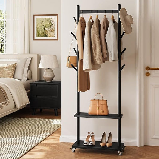 Yoobure Solid Wood Coat Rack Freestanding - Rolling Clothes Rack with 8 Hooks & Shelves, Small Clothing Rack with Wheels, Heavy Duty Clothing Racks for Hanging Clothes, Portable Hall Tree for Entryway
