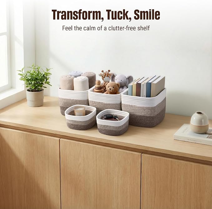 5-Pack Storage Cubes Woven Rope Baskets, 2 Sizes Organizer Bins | Ideal for Closet, Shelf, Bookshelf, Nursery, Changing Table, Cube Storage Bins, Storage Baskets for Bathroom Toy & Home