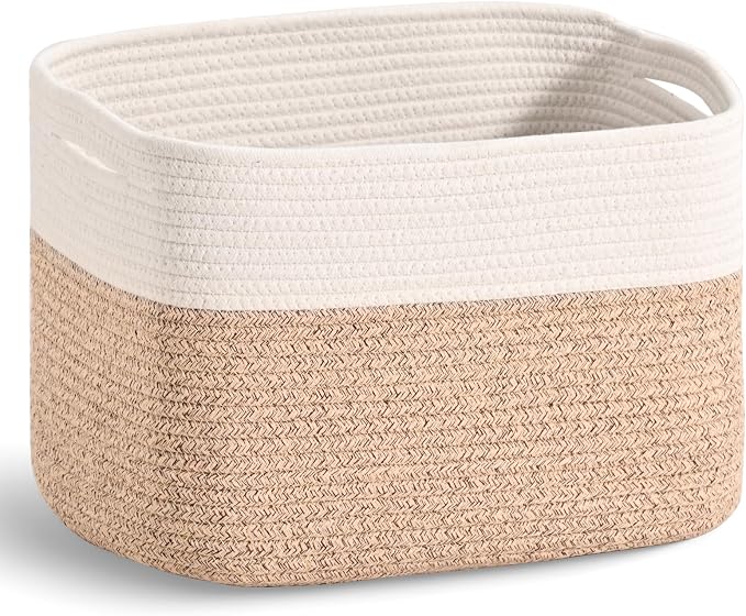 ICERZCZ Woven Cotton Rope Storage Basket for Organizing, Cute Decorative Baskets for Gifts Empty, Organizer Bins for Dog Toy, Baby Laundry, 15“×11”×9.5“, Off White & Brown