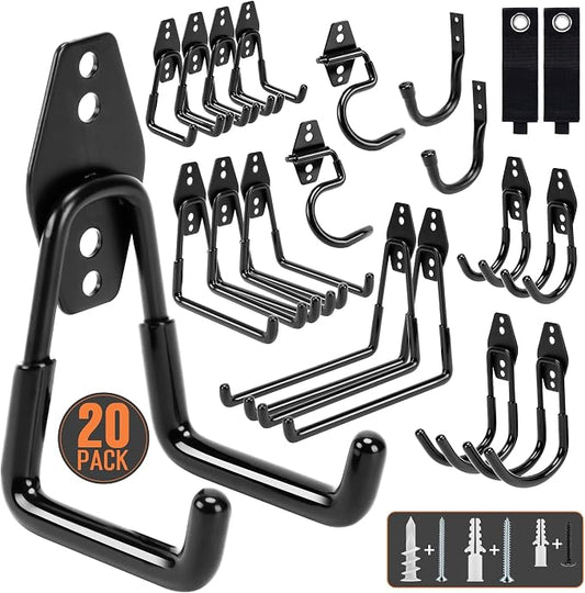 TONDA Garage Hooks, 20 Pack Garage Organization, Wall Storage Hooks Heavy Duty for Hanging Bike, Ladder, Garden Tools, Hose and Ropes, Black