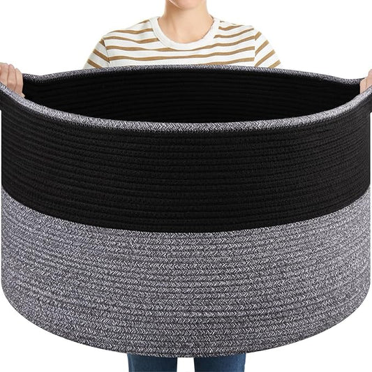 OIASKET Large Blanket Basket with Handles, 22.8" x 22.8" x 13" Woven Storage Basket for Living Room, Cotton Rope Baby Toy Storage for Clothes, Pillows, Towels-Black and Grey