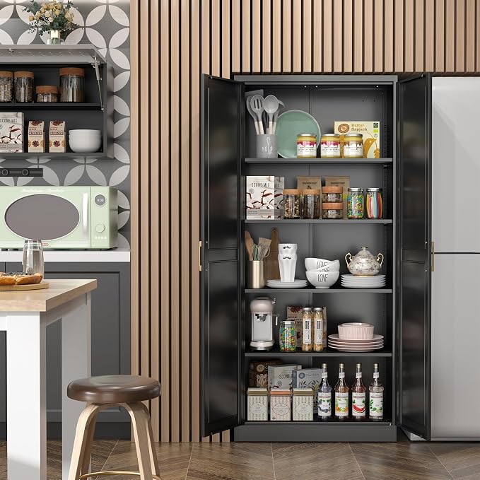 SteeLoong Kitchen Pantry Cabinet,71”Black Metal Pantry Storage Cabinet with Doors and 4 Adjustable Shelves,Kitchen Cabinet with 2 Gold Handles,Tall Cabinet for Livingroom,Pantry, Bathroom