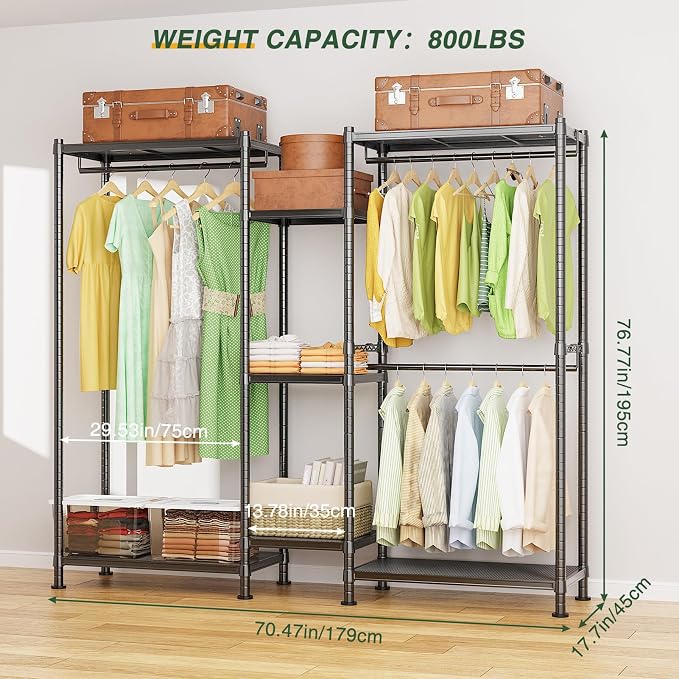 LEHOM G6 Clothes Rack, Heavy Duty Freestanding Garment Rack with Shelves | Metal Clothing Closet Wardrobe Storage System for Hanging Clothes (7 Shelves), 76.8"D x 17.7"W x 74.4"H, Hold 800 lbs, Black