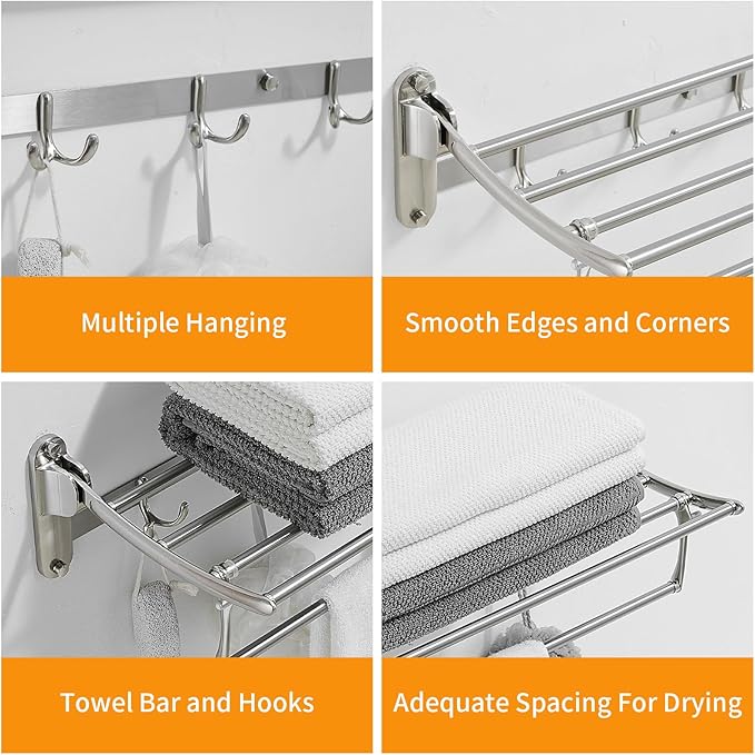 24 Inch Brushed Nickel Towel Racks, Bathroom Towel Shelf with Foldable Towel Bar Holder and Towel Hooks, Wall Mounted Multifunctional Bathroom Accessories, Double Towel Bars