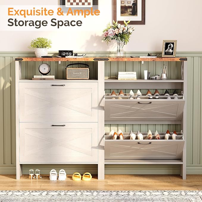 VINGLI Farmhouse Shoe Cabinet with 2 Flip Drawers, Slim Entryway Shoe Storage Organizer with Open Shelf, Freestanding Wood Shoe Rack for Hallway, Rustic White & Brown (31.5" W)