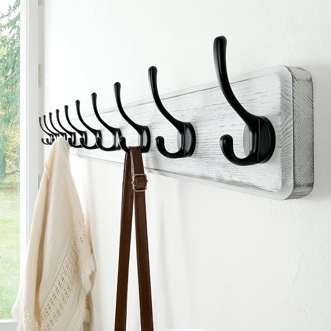 Coat Rack Wall Mount: 38-1/4" Long, Patented, Heavy-Duty, 10-Double-Hooks Wooden Hanger Rail for Winter Coats Hat Jacket Clothing, White & Black