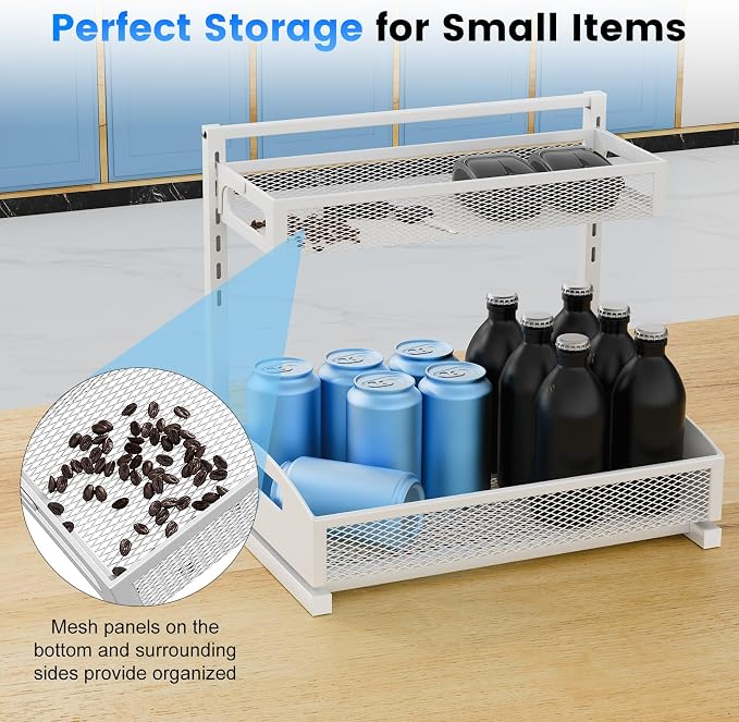 Petiza Metal Under Sink Organizer, Pull Out Cabinet Organizer Rack with Silk-Smooth Bottom Drawer, 5-Level Adjustable, Multi-Purpose Storage Shelf for Bathroom, Kitchen, Vanity, Pantry (2-Pack)