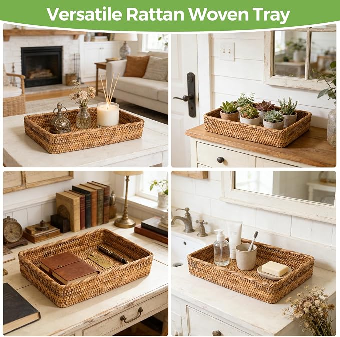 Large Rattan Serving Tray, Rectangle Wicker Storage Basket for Organizing | L(15.7" × 11"), Natural Rattan, Decorative Woven Tray Wicker Basket for Storage, Home Decor, Bathroom