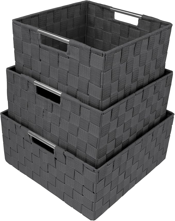 Sorbus Storage Box Woven Basket Bin Container Tote Cube Organizer Set Stackable Storage Basket Woven Strap Shelf Organizer Built-in Carry Handles (Gray)