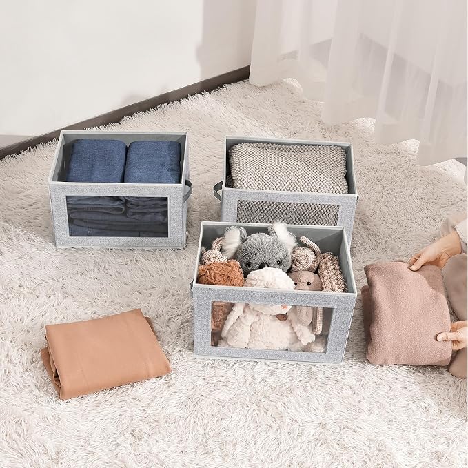 Homsorout Fabric Storage Bins with Lids - 3 Packs Storage Cubes with Window, Foldable Storage Baskets Bins for shelves, Closet Storage Boxes for Towels, Clothes, Home, Office, Blended