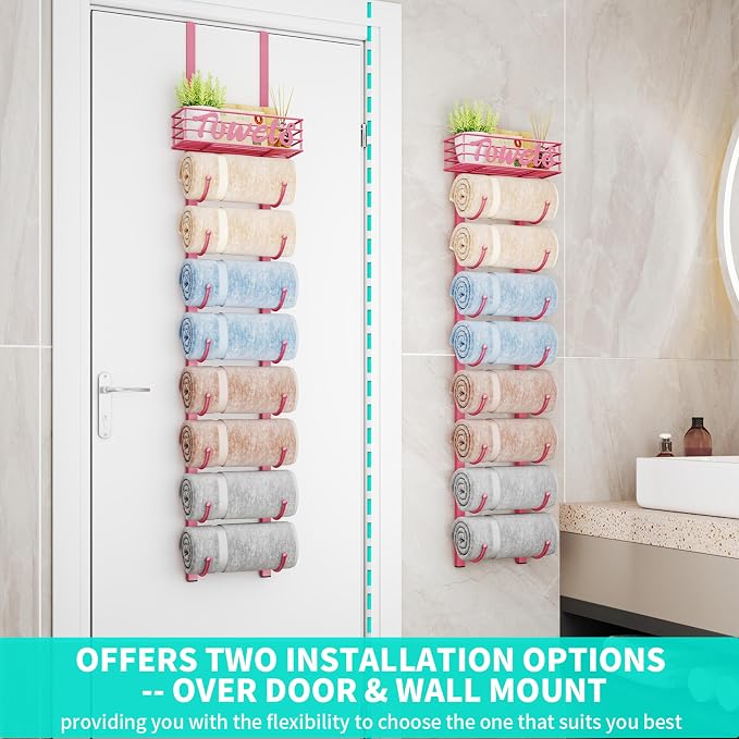 HapiRm Towel Racks for Bathroom Storage - 9 Tier Over The Door & Wall Mount Rolled Towel Storage Organizer Holder with Metal Shelf Basket for Small Bathroom, Camper, Rv - Pink, Patented