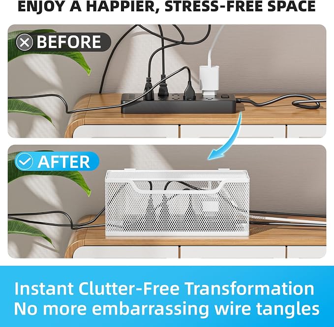 3 Pack Cable Management Box, Metal Mesh Cord Organizer Box for TV Wires, Electrical Hiding, Power Strip – Under Desk Cable Storage Box with Cable Clips&Reusable Cable Ties for HomeOffice - White