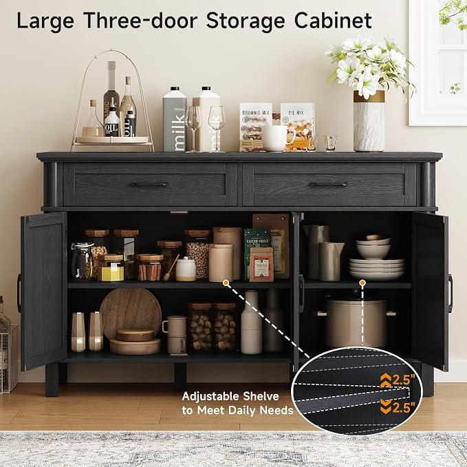 55 Inch Buffet Cabinet with Storage, Farmhouse Sideboard Buffet w/2 Drawers and 3 Doors, Wood Coffee Bar Cabinet with Adjustable Shelves, Sideboard Storage for Kitchen, Living Room, Black