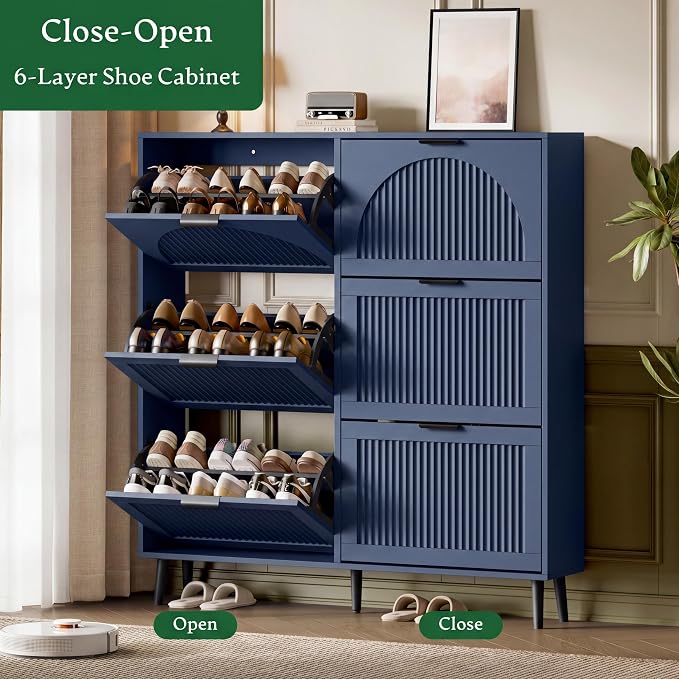 Xixini Shoe Storage Cabinet with 6 Flip Drawers, 50" Tall Narrow Wood Fluted Shoe Organizer for Entryway, Freestanding Wooden Hidden Slim Shoe Rack for Front Door Entrance, Hallway, Foyer, Navy Blue