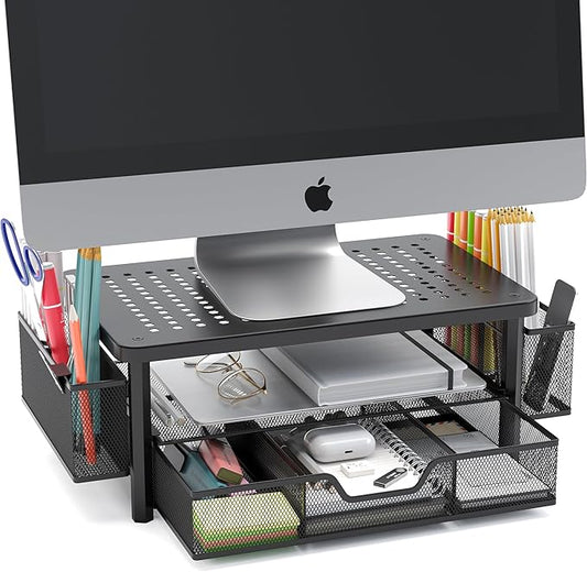 eVoomi FlowMax Ergonomic Desk organizer Computer Monitor Stand -Improved XL Desk Drawer, File Paper Pencil Holders - Pro Posture Eye-Level Tension Relief - Anti-Slip Home Office Supplies Storage Stand for Laptop Monitor or Printer