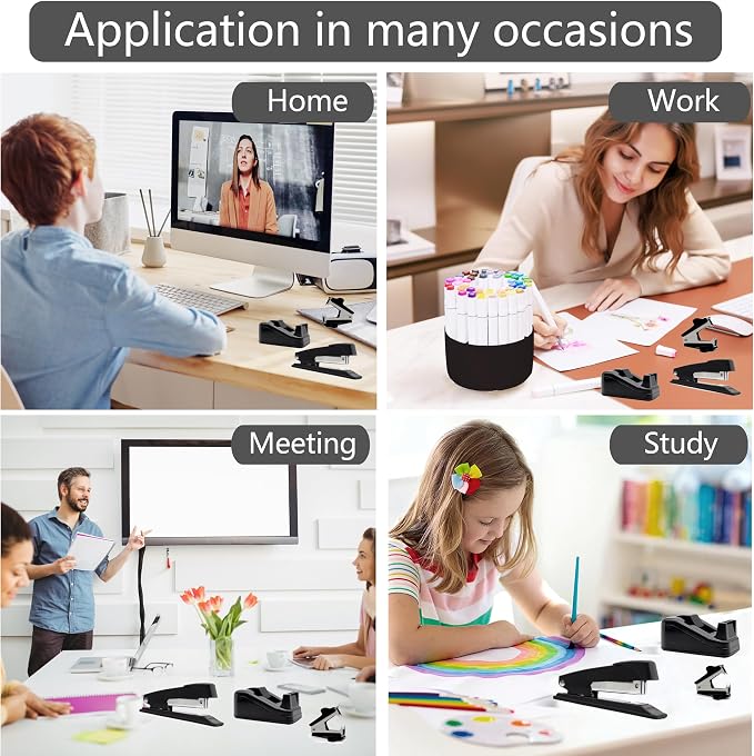 Dimonluce Office Desk Accessories, Black Office Supplies Accessories with Tape Dispenser, Stapler, Staple Remover, 1000 Staples, Tape, Clips Set, Ruler, Scissor, Pen