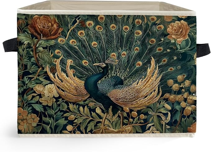 Peacock Floral Storage Box Bins, Vintage Cottagecore Wildflower Peacock Collapsible Storage Basket Organizer for Bedroom Laundry Room Home Clothes Books, Decor for Room