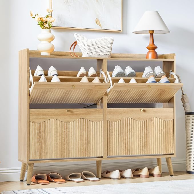 BERRYMERRY Natural 47.2” Shoe Storage Cabinet with 4 Flip Drawers | narrow,entryway,adjustable feet,32 pairs shoe,shoe organize,hidden shoe rack,fluted panel,wave pattern,wood,space saving
