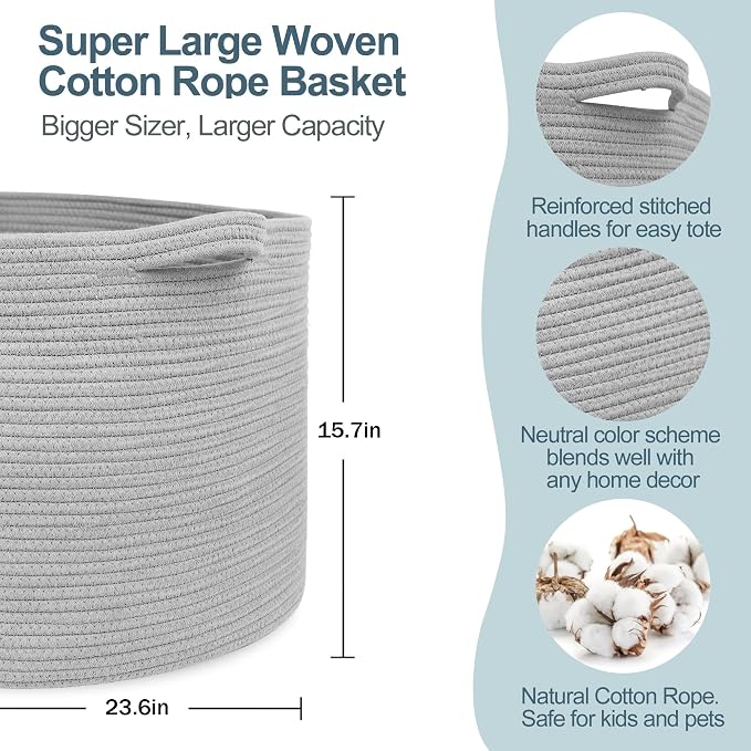 115L Super Large Gray Blanket Basket, 23.6"x15.7" Woven Cotton Rope Storage Basket for Laundry, Towel, Pillow, Oversized Kids Dog Toy Storage Bin, Grey XXXL Blanket Holder for Living Room