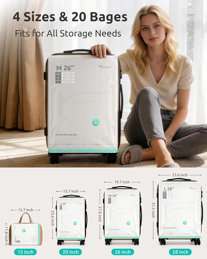 Vacuum Seal Bags for Clothing Travel with Cordless Electric Pump, 20 Pack | 4 Combo Size, Compression Packing Bags for Clothes, Blankets, Bedding, Home Seasonal Storage, Luggage & Suitcase Space Saver
