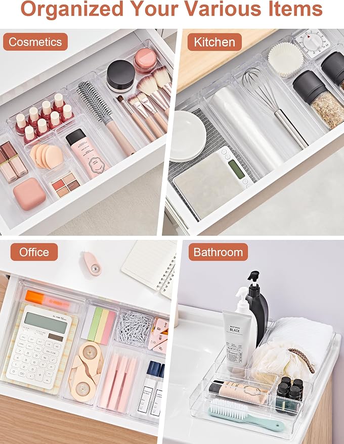 SMARTAKE 37 PCS Drawer Organizer 4 Size Desk Makeup Drawer Organizer Clear | Storage Trays with Non Slip Silicone Pads for Makeup , Jewelries, Utensils in Bedroom Dresser, Office, Kitchen and Bathroom