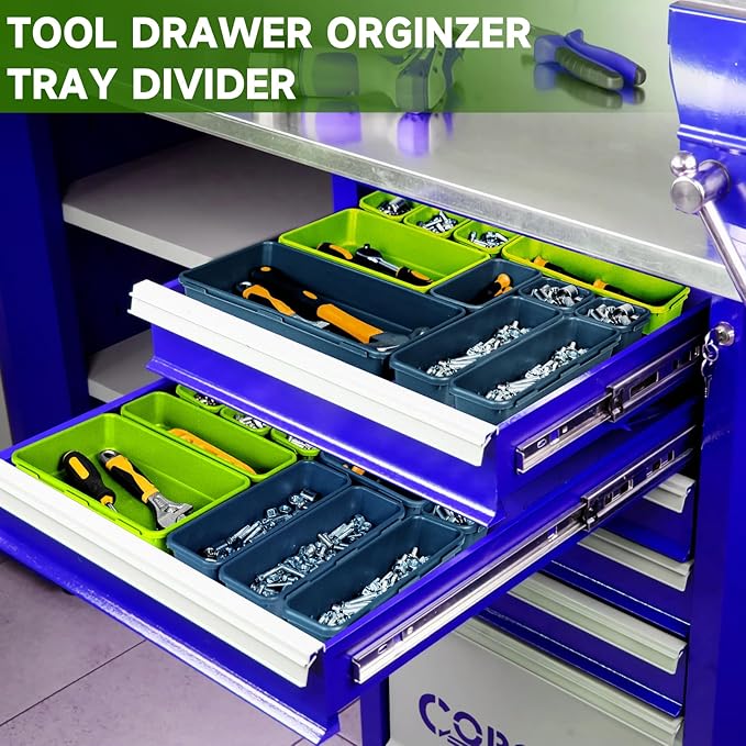 Tool Box Organizer Tray, 60 PCS & 5 Sizes, Blue and Green | High Quality ABS Plastic, Interlocking Desk Drawer Organizer, Tool Chest Organizer for Workshop Garage Office Kitchen