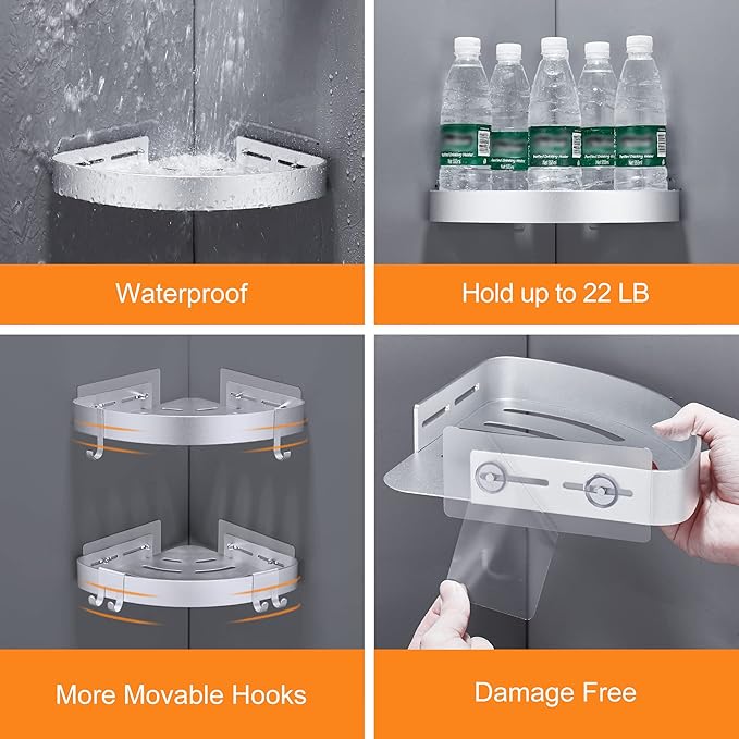 DUFU Adhesive Corner Shower Caddy with Hooks, Silver, 2 Pack | Bathroom Shower Organizer, No Drilling, Rust Proof Aluminum Shower Shelf For Inside Shower