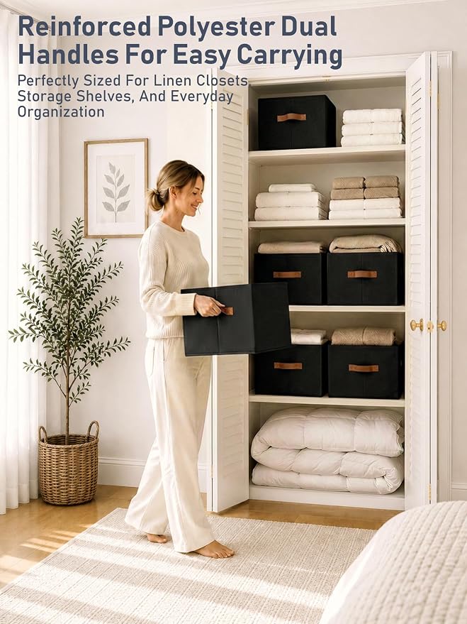 8 Pack Large Closet Storage Baskets Bins for Shelves, Collapsible Fabric Closet Organizers and Storage with Polyester Handles, Decorative Baskets for Organizing Clothes, Towels, Linen Closet 14"x10"