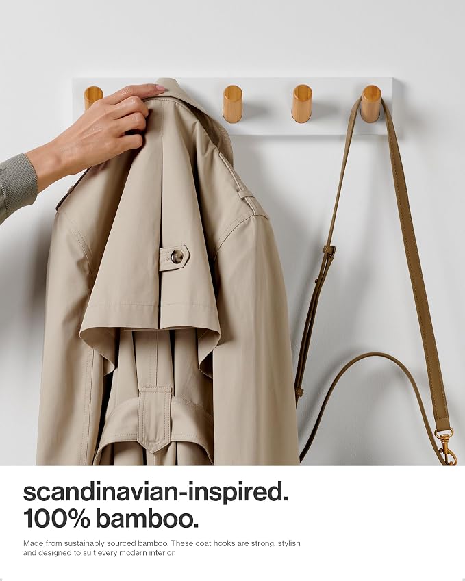 LARHN Wall Mounted Coat Rack, White with 5 Heavy-Duty 1" Diameter Hooks | (2-Pack), 16.5" - Wall Hook Rack - Modern Scandinavian Home Decor