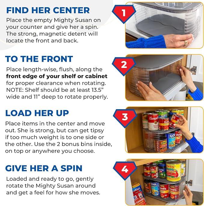 2-Tier Lazy Susan Pantry Organizer – Steel Reinforced Turntable for Kitchen Cabinets & Pantry Storage – Heavy-Duty Can Organizer Holds Up to 30 lbs – Rotates 360° – Includes 2 Bonus Bins