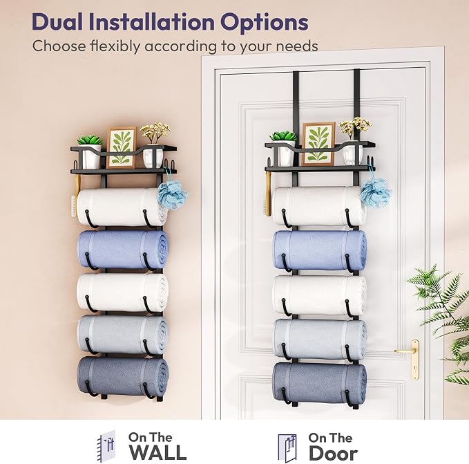 SWTYMIKI Over the Door Towel Rack - 6 Tier Towel Racks for Bathroom Wall Mounted, Towel Holder with Shelf, Hanging Rolled Towel Storage Organizer for Small Bathroom, Camper, RV, Black
