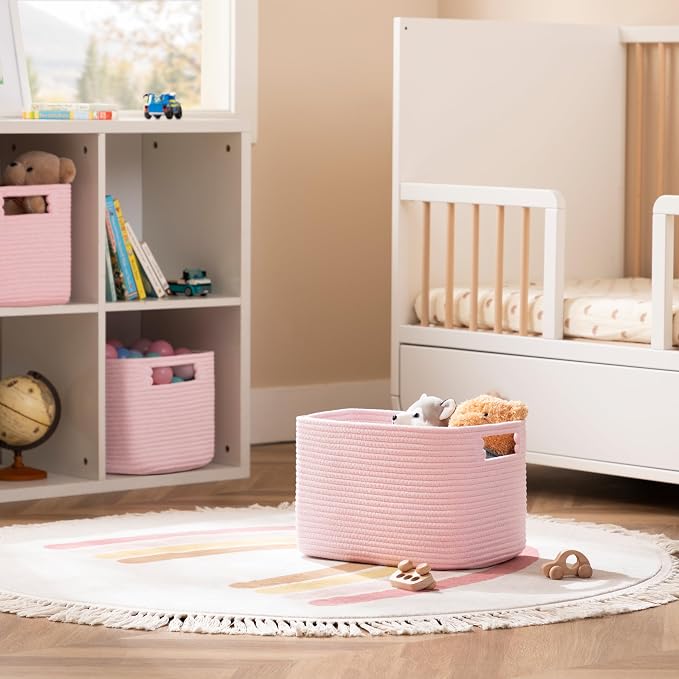 4 Pack Storage Baskets for Organizing, Shelf Baskets with Handles, Pink | 14.5"Lx9.8"Wx9"H, Woven Basket, Cotton Rope Basket, Toy Storage, Cube Shelf, Gift Baskets Empty, Home Decor