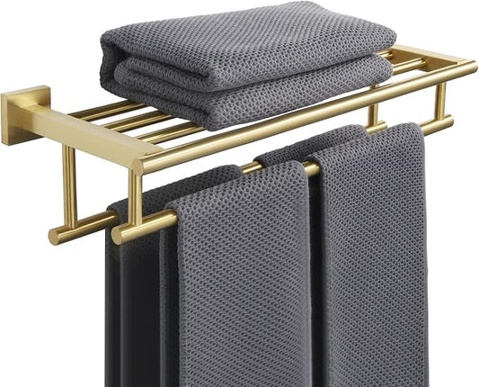 Alise Double Towel Rack for Bathroom Wall Mounted 16 Inch,Gold | Bathroom Tower Holder Towel Shelf with Double Towel Bars,SUS304 Stainless Steel Towel Rack with Shelf for Lavatory Kitchen
