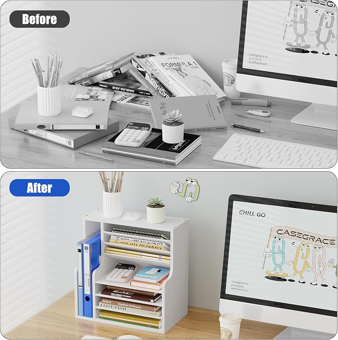 Wood Desktop File Holder Organizer Mail Sorter for File Folders, Mails, Envelopes or Magazines, 8 Compartments (White)