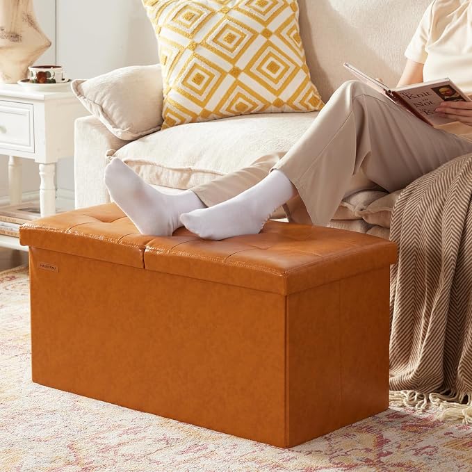 HAUSFRAU Ottoman with Storage Bench Folding Foot Rest Stool Cognac Brown | 30", Flip Lid, Upholstered Foldable Footrest Footstool, Bedroom Bench, Living Room Dorm Ottoman, Rectangle