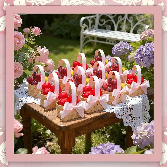 12 Pcs Mini Flower Girl Basket Mini Woven Baskets with Handles Wood Chip Flower Fruit Picnic Holder with Pink Ribbon Chip Bucket for Wedding Party Gifts Baby Shower Birthday Party Decoration