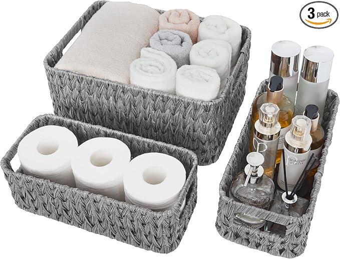 Granny Says Wicker Baskets For Organizing, Storage Baskets For Shelves | Small Woven Storage Baskets for Shelf, Rattan Basket For Organizing, Wicker Basket Set, 3-Pack Small Waterproof Baskets
