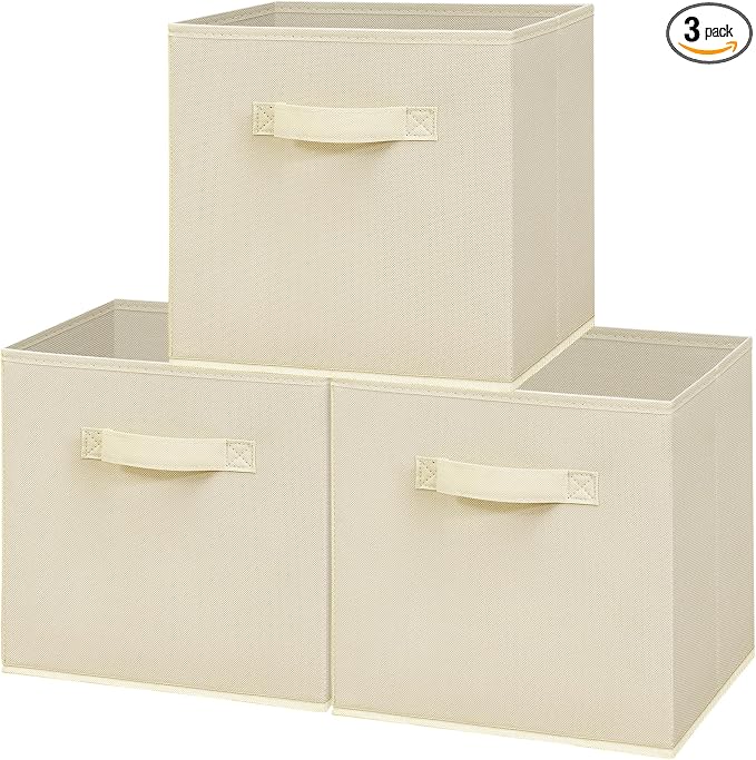 11x11 Inch Storage Bins Cubes, Fabric Foldable Storage Box, Collapsible Closet Organizer for Clothes, Blankets, Office, Bedroom, Living Room, Shelf Cabinet, Bookcase, Beige, 3 Pack