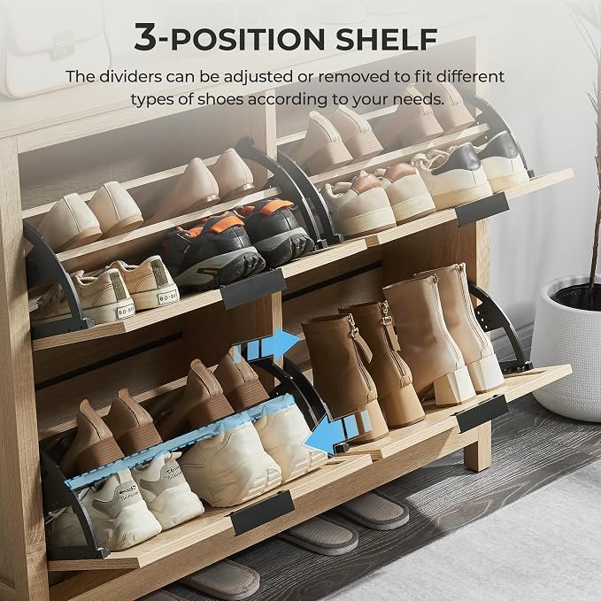 Shoe Cabinet with 4 Flip Drawers, Narrow Entryway Rack, Oak | Slanted Wood Grain, Freestanding, Adjustable Compartments, Removable Middle Shelf, Metal Handles, for Hallway Foyer Entrance