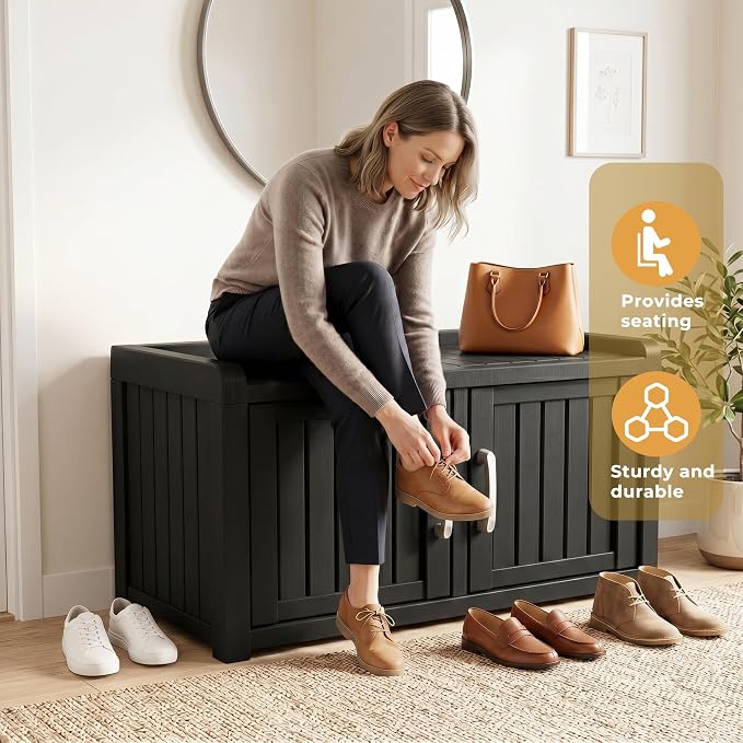 ROJIK Outdoor Shoe Storage Bench, Shoe Cabinet Double Door, Black | Waterproof UV-Resistant,Storage Bench Indoor Outdoor with Adjustable Shelves,for Entryway Bedroom,Hallway,Living Room