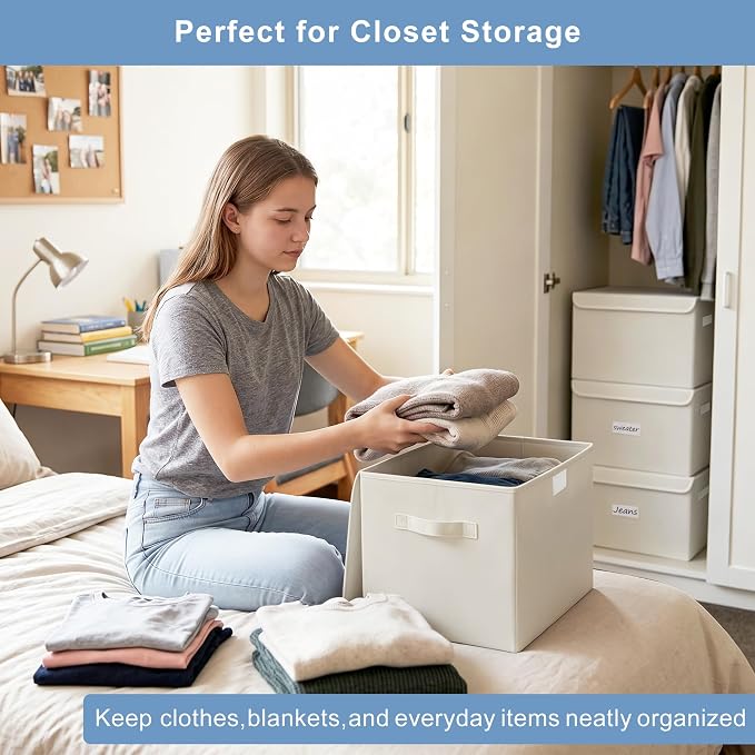 Bagnizer Large 22 Quart [4-Pack] Linen Fabric Foldable Storage Bin Cube Organizer Basket with Flip-Top Lid & Handles, Clothes Blanket Box for Home, Office, Closet (14.6 x 9.5 x 9.5, Beige)