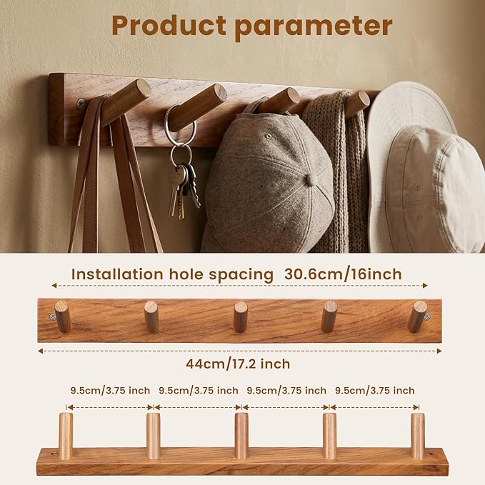 Teak Wall-Mounted Wooden Coat Hooks, Solid Teak 16 Inch Hole Spacing, Rustic Vintage Farmhouse All-Wood for Entryway, Mudroom, Bedroom, Bathroom, Boat Yacht Towels & Clothes 1 Pack